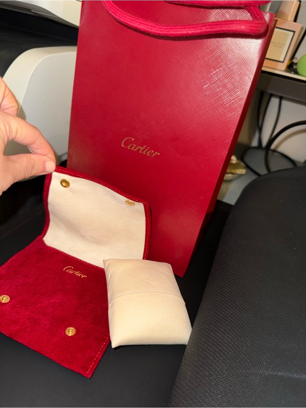 Cartier Red Suede Pouch with Cream Cushion and Gold Details
